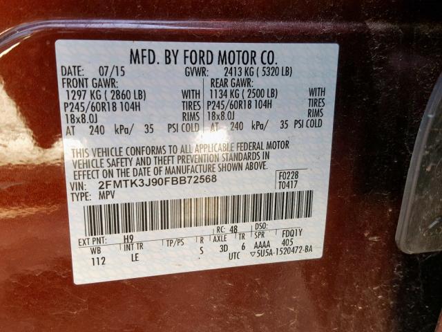 2FMTK3J90FBB72568 - 2015 FORD EDGE SEL RED photo 10