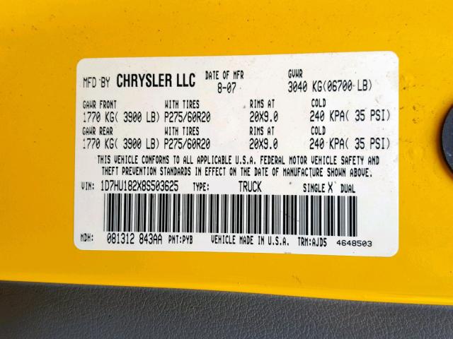 1D7HU182X8S503625 - 2008 DODGE RAM 1500 S YELLOW photo 10