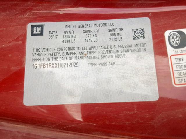 1G1FB1RXXH0212029 - 2017 CHEVROLET CAMARO LT RED photo 10