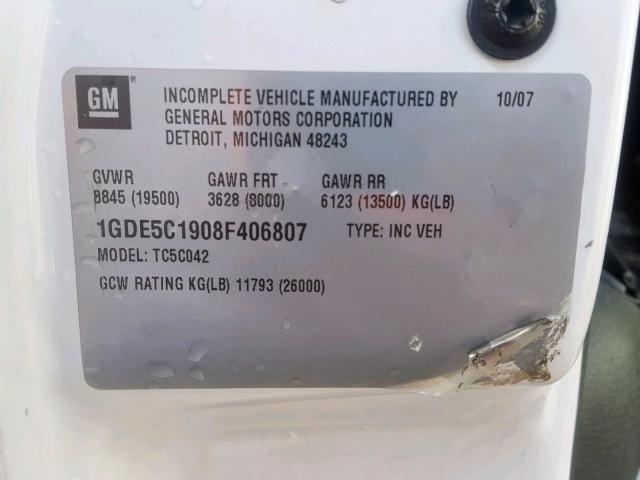 1GDE5C1908F406807 - 2008 GMC C5500 C5C0 WHITE photo 10