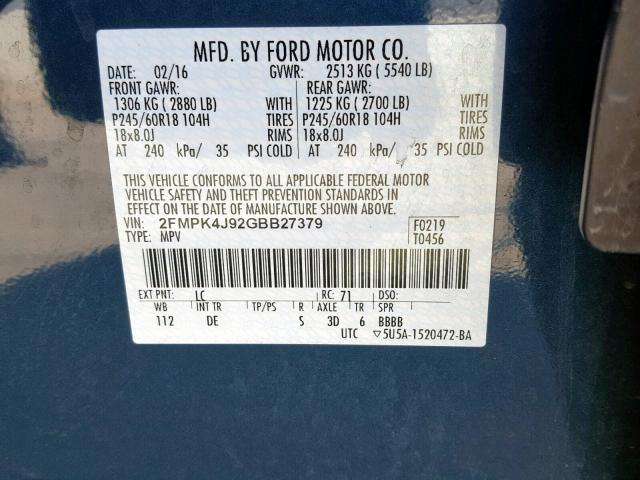 2FMPK4J92GBB27379 - 2016 FORD EDGE SEL BLUE photo 10