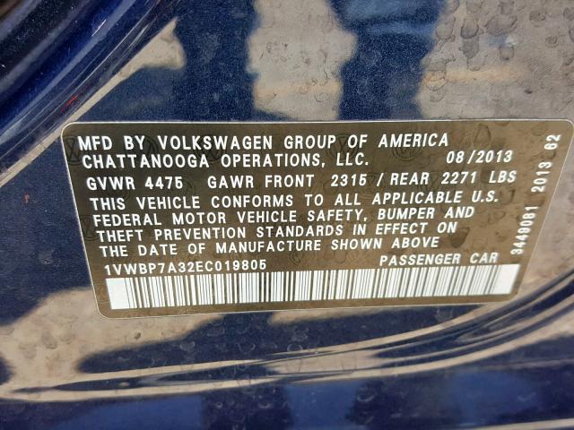 1VWBP7A32EC019805 - 2014 VOLKSWAGEN PASSAT SE BLUE photo 10