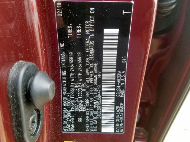 5TDDZRFH5JS844719 - 2018 TOYOTA HIGHLANDER BURGUNDY photo 10