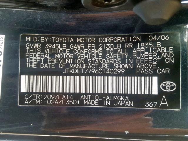 JTKDE177960140299 - 2006 TOYOTA SCION TC შავი ფოტო 10