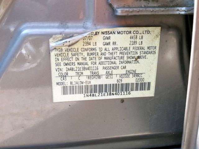 1N4BL21E38N401116 - 2008 NISSAN ALTIMA 3.5 BROWN photo 10