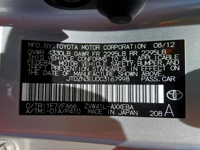 JTDZN3EU0C3167998 - 2012 TOYOTA PRIUS V SILVER photo 10