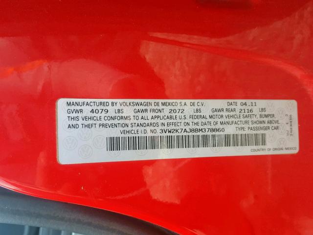 3VW2K7AJ8BM378860 - 2011 VOLKSWAGEN JETTA BASE 红色 照片 10