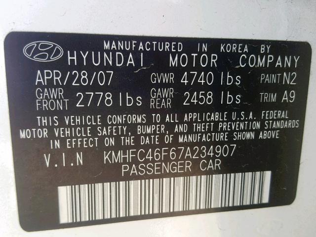 KMHFC46F67A234907 - 2007 HYUNDAI AZERA SE WHITE photo 10