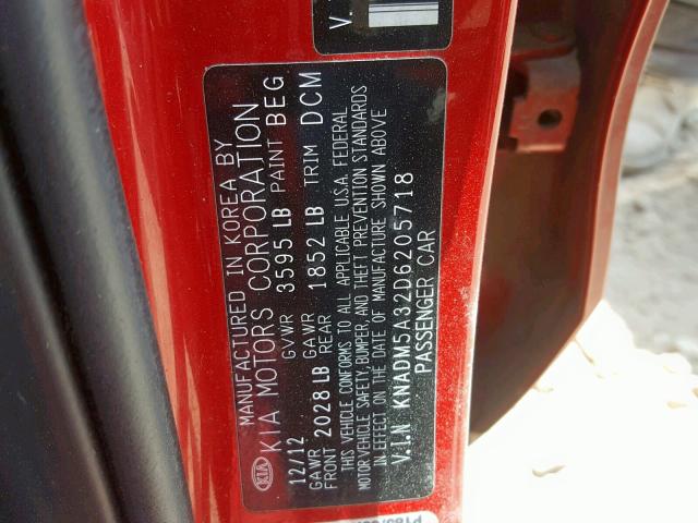 KNADM5A32D6205718 - 2013 KIA RIO LX RED photo 10