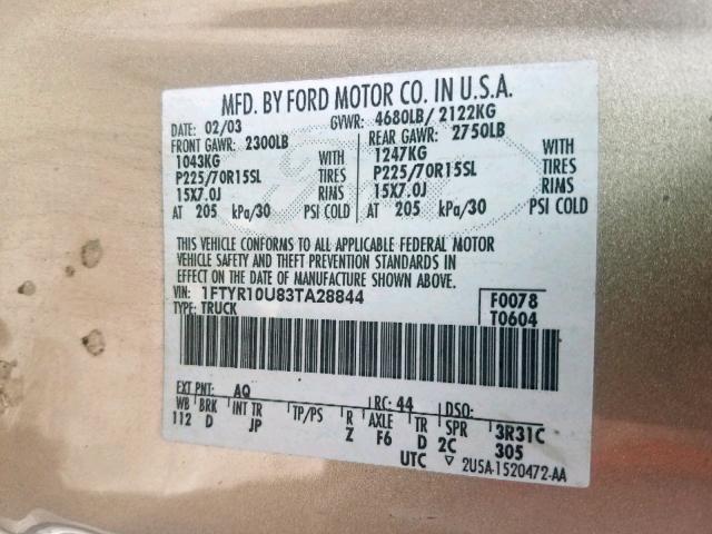 1FTYR10U83TA28844 - 2003 FORD RANGER GOLD photo 10