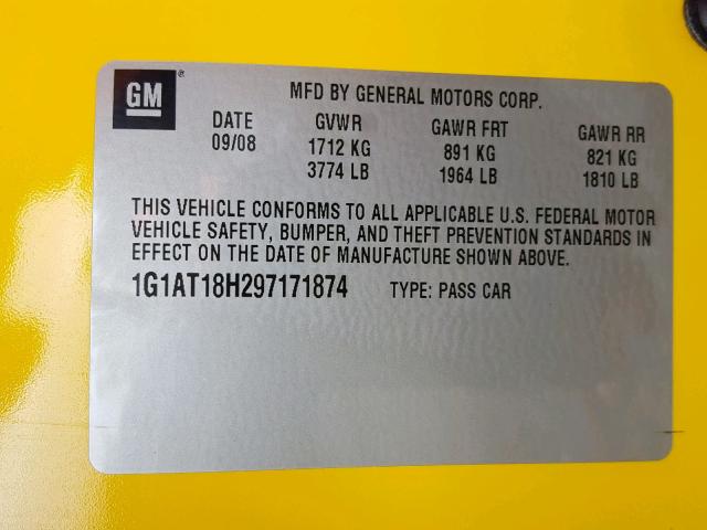 1G1AT18H297171874 - 2009 CHEVROLET COBALT LT YELLOW photo 10