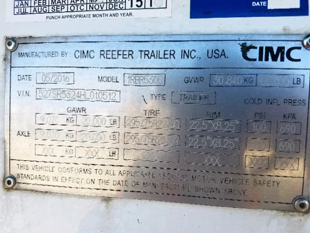 527SR5324HL010512 - 2017 CIMC REEFER TRL WHITE photo 10