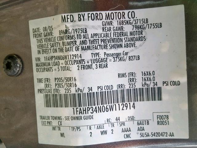 1FAHP34N06W112914 - 2006 FORD FOCUS ZX4 GRAY photo 10