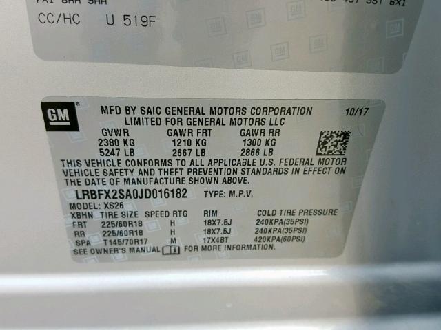 LRBFX2SA0JD016182 - 2018 BUICK ENVISION E SILVER photo 10