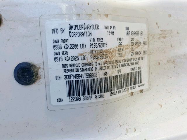 3C8FY4BB41T598962 - 2001 CHRYSLER PT CRUISER CREAM photo 10