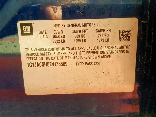 1G1JA6SH5E4136589 - 2014 CHEVROLET SONIC LS BLUE photo 10