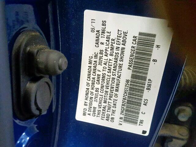 2HGFB2F87CH512546 - 2012 HONDA CIVIC EX BLUE photo 10