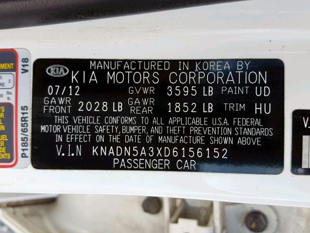 KNADN5A3XD6156152 - 2013 KIA RIO EX WHITE photo 10