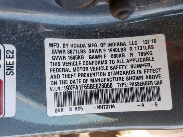 19XFA1F65BE028055 - 2011 HONDA CIVIC LX-S Boz foto 10