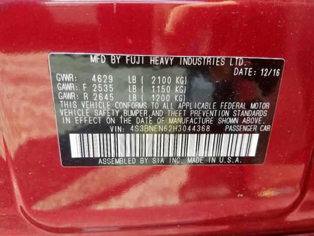 4S3BNEN62H3044368 - 2017 SUBARU LEGACY 3.6 RED photo 10