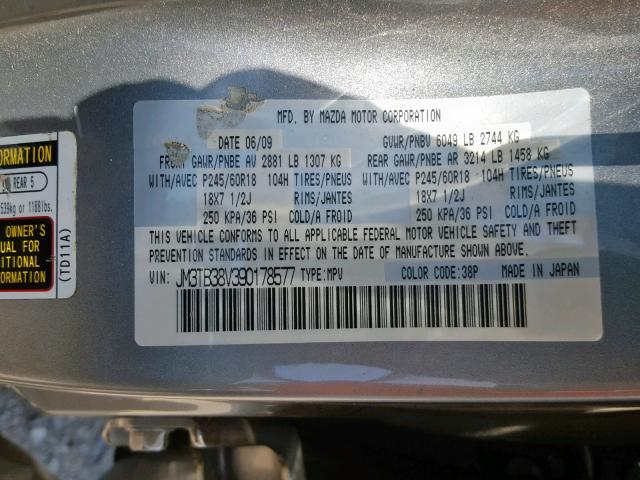 JM3TB38V390178577 - 2009 MAZDA CX-9 CHARCOAL photo 10