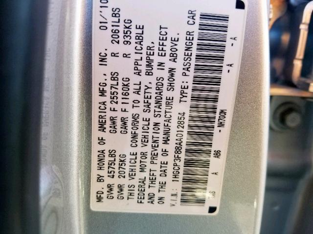 1HGCP3F88AA012854 - 2010 HONDA ACCORD EXL SILVER photo 10