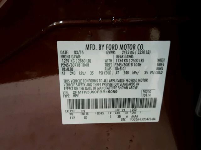 2FMTK3J90FBB15089 - 2015 FORD EDGE SEL BROWN photo 10