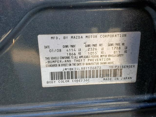 JM1BK34L881106873 - 2008 MAZDA SPEED 3 GRAY photo 10