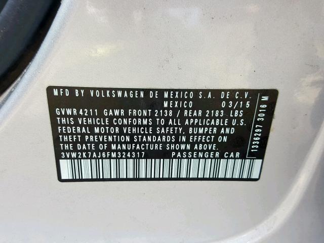 3VW2K7AJ6FM324317 - 2015 VOLKSWAGEN JETTA BASE SILVER photo 10