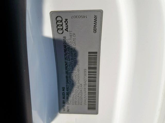 WAUVVAFR7BA073699 - 2011 AUDI S5 PRESTIG WHITE photo 10