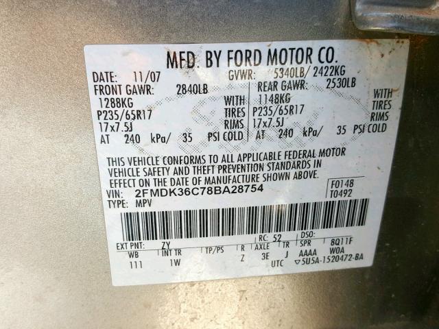 2FMDK36C78BA28754 - 2008 FORD EDGE SE GRAY photo 10