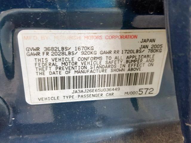 JA3AJ26E65U036449 - 2005 MITSUBISHI LANCER ES BLUE photo 10