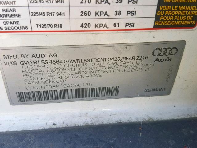 WAUHF98P19A066195 - 2009 AUDI A3 2.0T WHITE photo 10