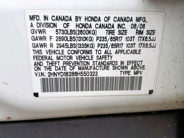 2HNYD18286H550323 - 2006 ACURA MDX WHITE photo 10