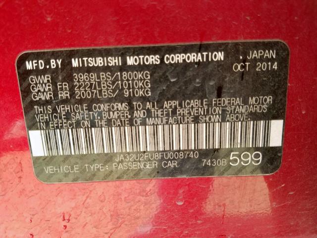 JA32U2FU8FU008740 - 2015 MITSUBISHI LANCER ES RED photo 10