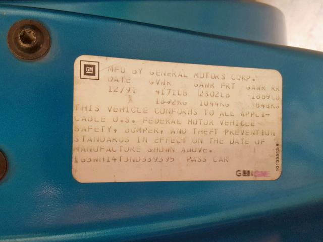 1G3WH14T3ND339395 - 1992 OLDSMOBILE CUTLASS SU TEAL photo 10