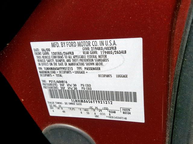 1LNHM86S6YY921212 - 2000 LINCOLN LS წითელი ფოტო 10