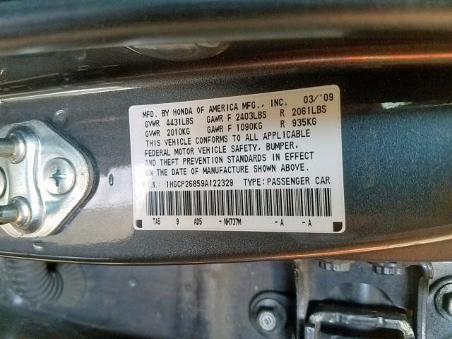 1HGCP26859A122329 - 2009 HONDA ACCORD EXL GRAY photo 10