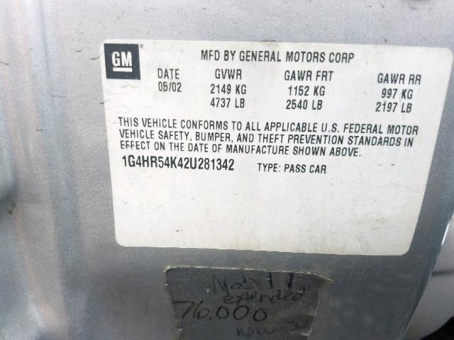 1G4HR54K42U281342 - 2002 BUICK LESABRE LI SILVER photo 10