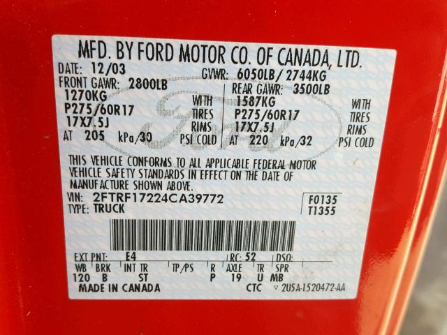 2FTRF17224CA39772 - 2004 FORD F-150 HERI RED photo 10