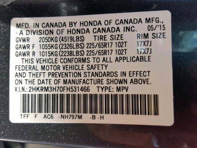 2HKRM3H70FH531466 - 2015 HONDA CR-V EXL GRAY photo 10