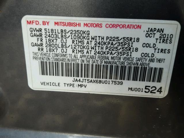 JA4JT5AX6BU017539 - 2011 MITSUBISHI OUTLANDER GRAY photo 10