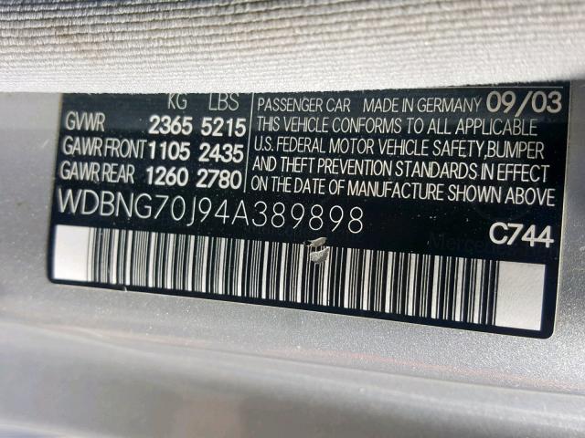 WDBNG70J94A389898 - 2004 MERCEDES-BENZ S 430 SILVER photo 10