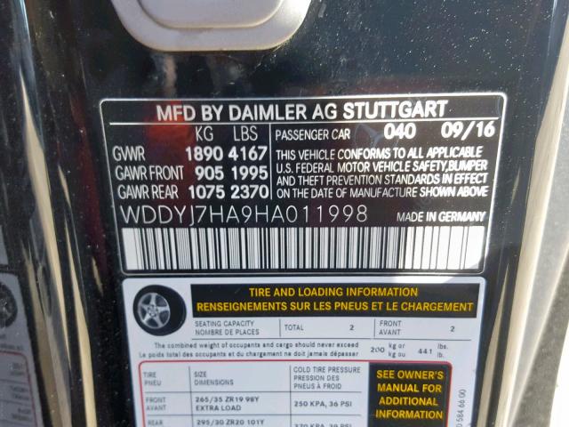 WDDYJ7HA9HA011998 - 2017 MERCEDES-BENZ AMG GT BLACK photo 10