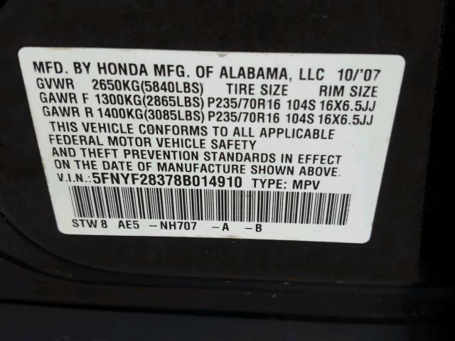 5FNYF28378B014910 - 2008 HONDA PILOT SE BLACK photo 10