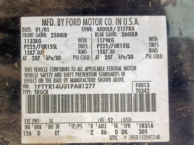 1FTYR14U01PA81277 - 2001 FORD RANGER SUP BLUE photo 10