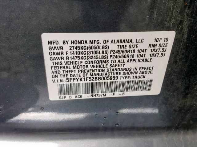 5FPYK1F52BB005959 - 2011 HONDA RIDGELINE GRAY photo 10