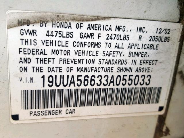 19UUA56633A055033 - 2003 ACURA 3.2TL WHITE photo 10