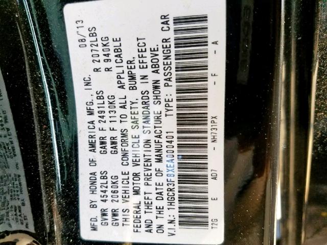 1HGCR3F8XEA000401 - 2014 HONDA ACCORD EXL BLACK photo 10