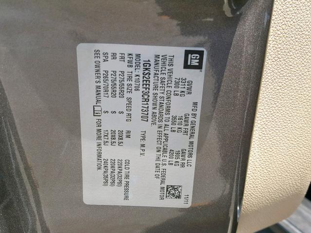 1GKS2EEF3CR173707 - 2012 GMC YUKON DENA CHARCOAL photo 10